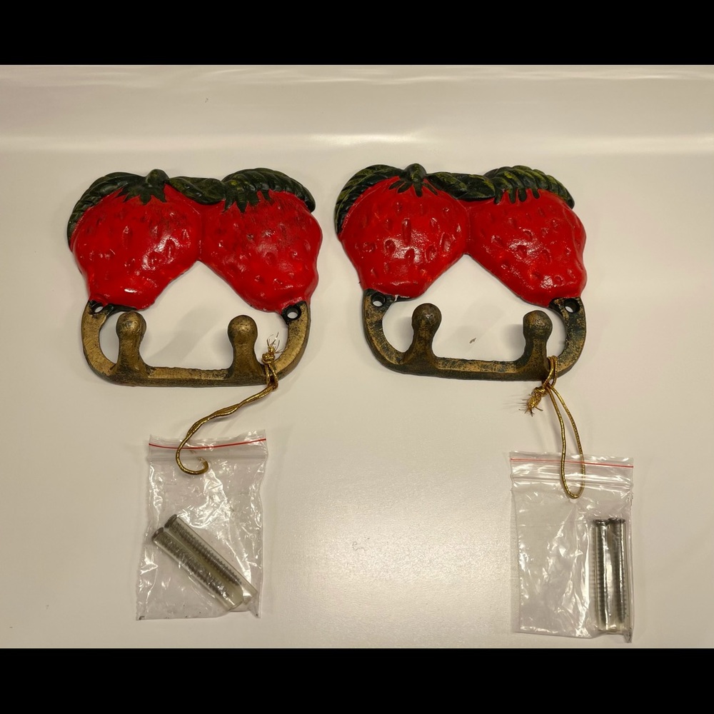 Vintage Set Strawberry Painted Hooks Cast Iron